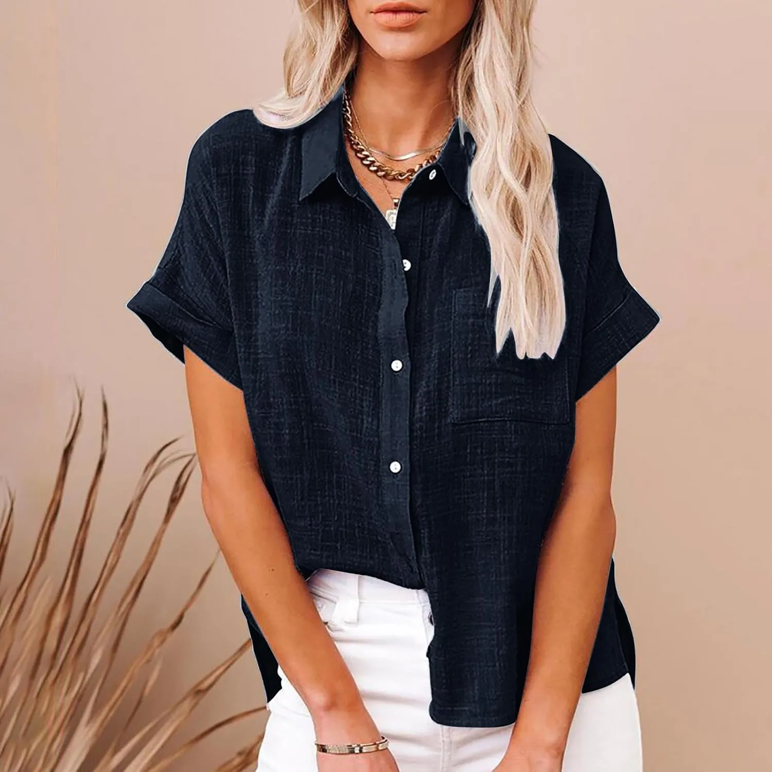 Cotton Linen Button Down Shirts for Women 2024 Trendy Summer Casual Tops Plus Size Collared Business Casual Blouses