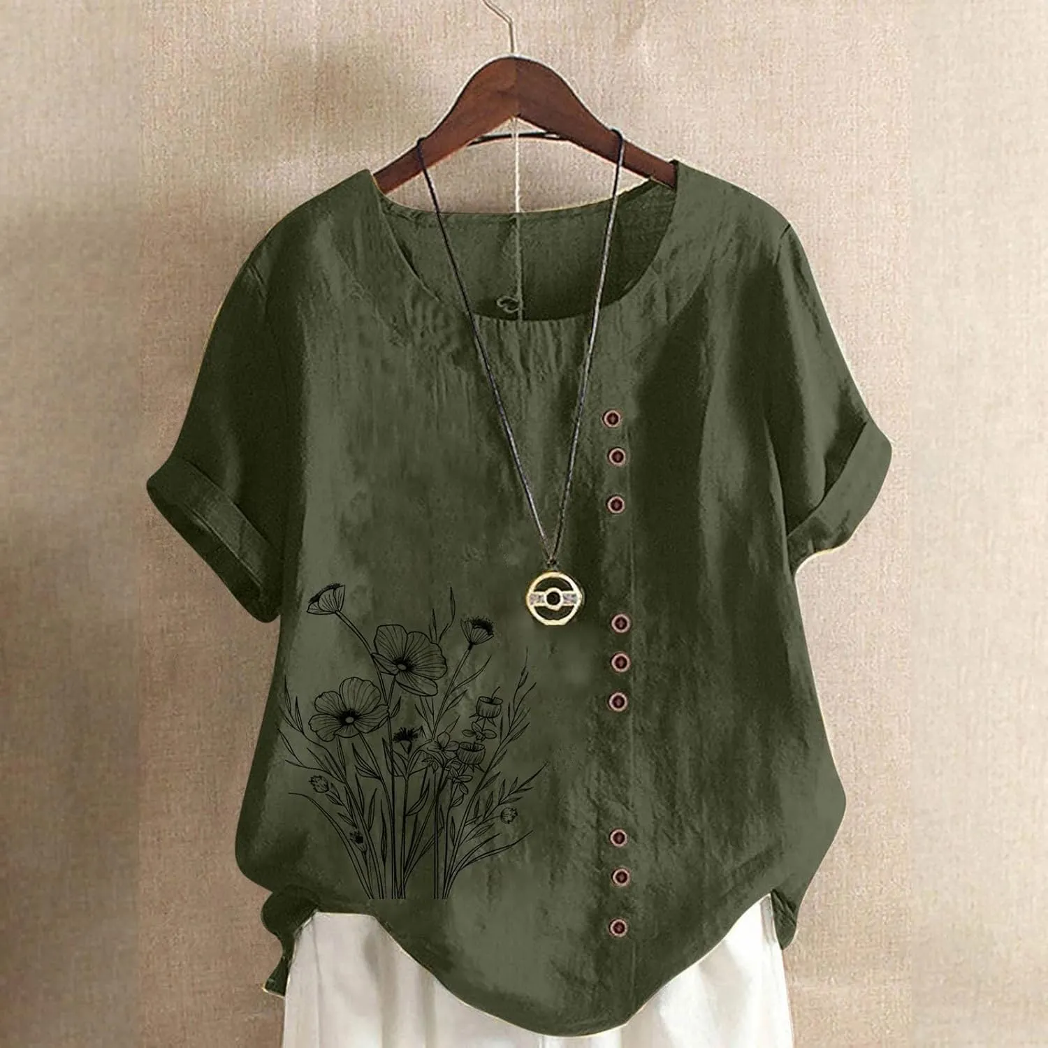 Cotton Linen Top for Women 2025 Boho Floral Short Sleeve Crewneck Short Sleeve Tshirt Floral Printed Loose Blouse
