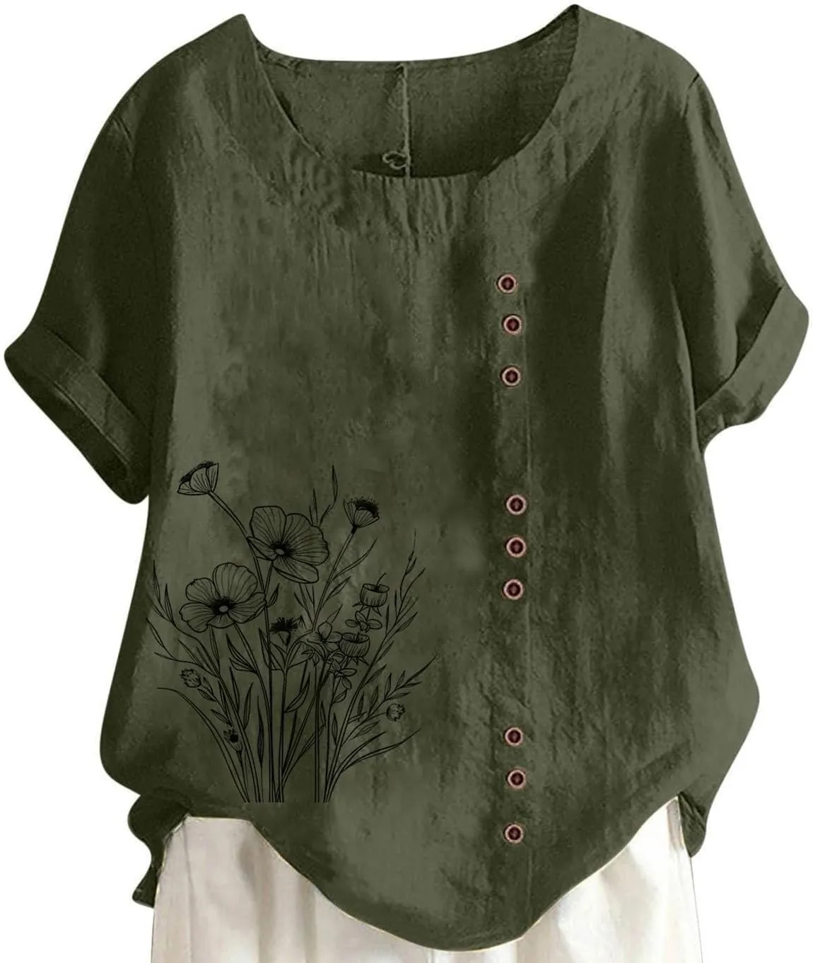 Cotton Linen Top for Women 2025 Boho Floral Short Sleeve Crewneck Short Sleeve Tshirt Floral Printed Loose Blouse