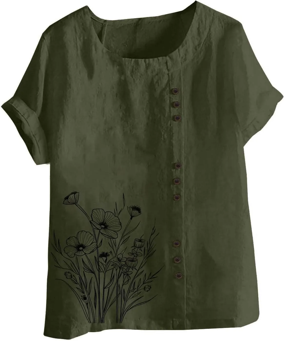 Cotton Linen Top for Women 2025 Boho Floral Short Sleeve Crewneck Short Sleeve Tshirt Floral Printed Loose Blouse