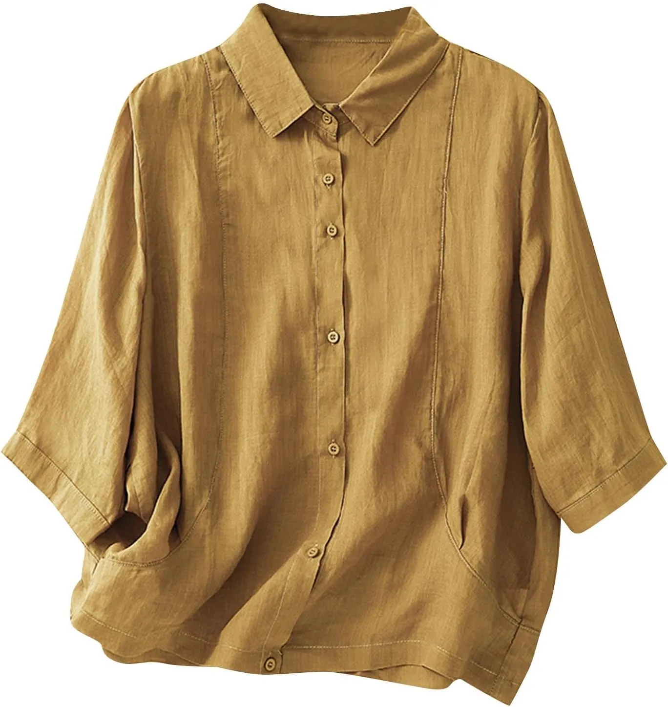 Cotton Tshirts for Women Lightweight Linen Cotton Soft Tops Casual 3/4 Sleeve Button Down Summer Blouses Outfits