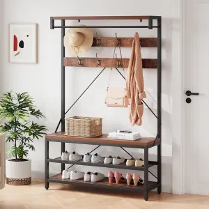cozy Hall Tree Shoe Bench for Entryway, Coat Rack Storage Bench, 4-in-1 Coat Tree with Bench Storage Shelf and 8 Hooks for Small Spaces, Entryway, Bedroom, Rustic