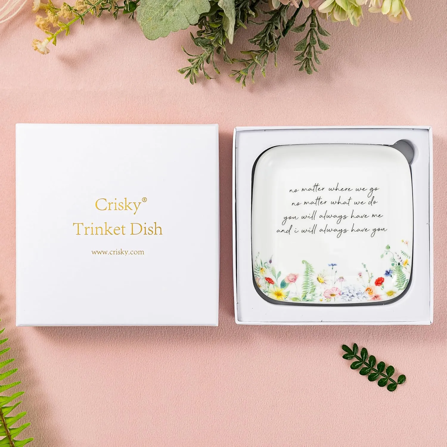 Crisky Jewelry Trinket Tray Ceramic Ring Dishes for Women, Mom, Sister, Best Friend, Daughter Encouragement Inspirational Birthday Gifts for Earrings Necklaces Keys, Floral Design, Square, 4.5"