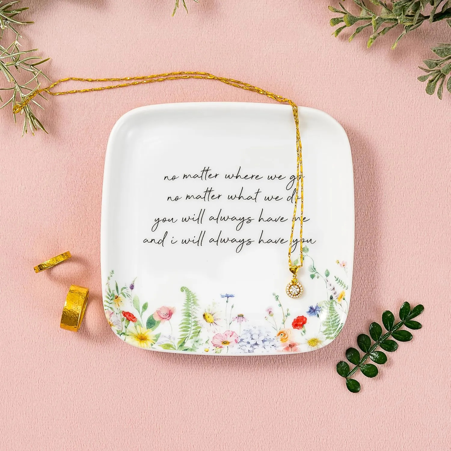 Crisky Jewelry Trinket Tray Ceramic Ring Dishes for Women, Mom, Sister, Best Friend, Daughter Encouragement Inspirational Birthday Gifts for Earrings Necklaces Keys, Floral Design, Square, 4.5"