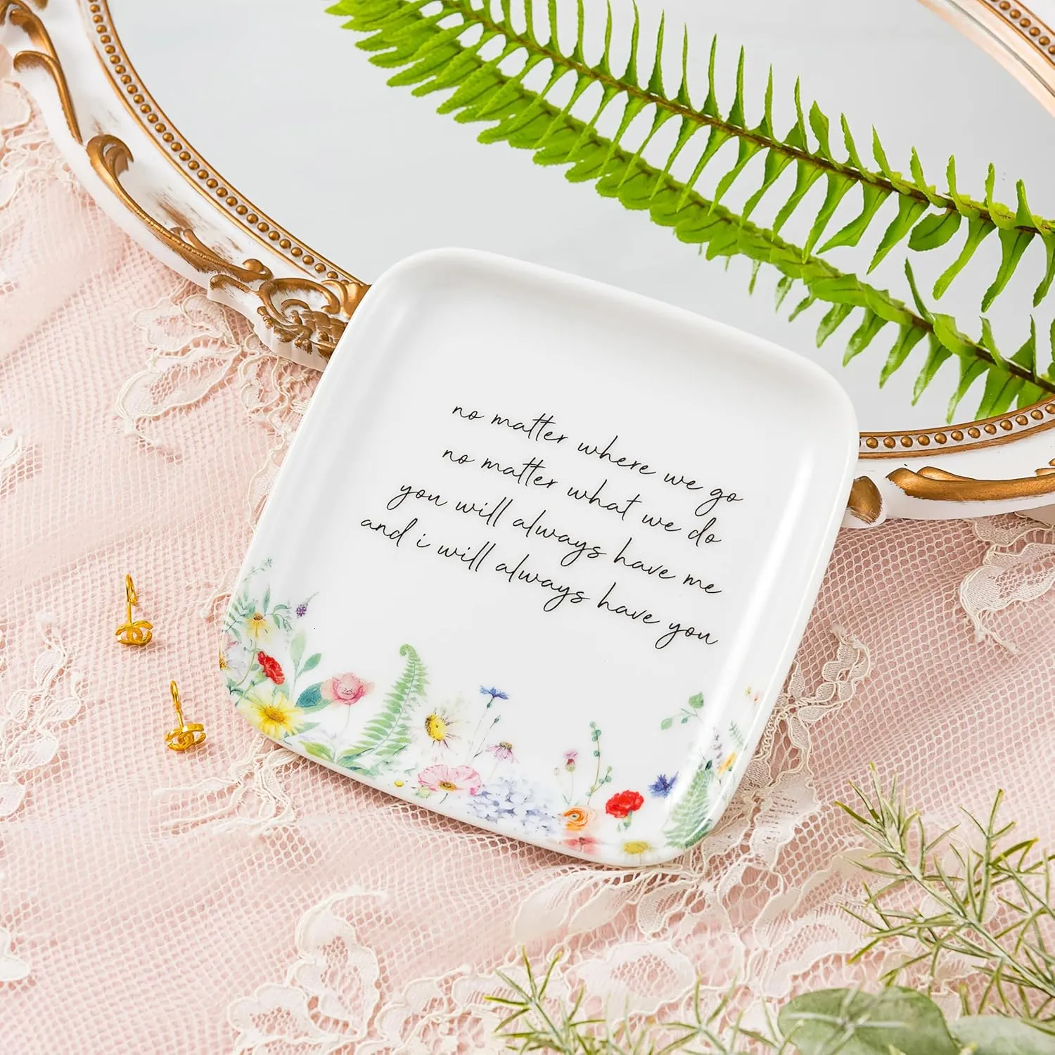 Crisky Jewelry Trinket Tray Ceramic Ring Dishes for Women, Mom, Sister, Best Friend, Daughter Encouragement Inspirational Birthday Gifts for Earrings Necklaces Keys, Floral Design, Square, 4.5"