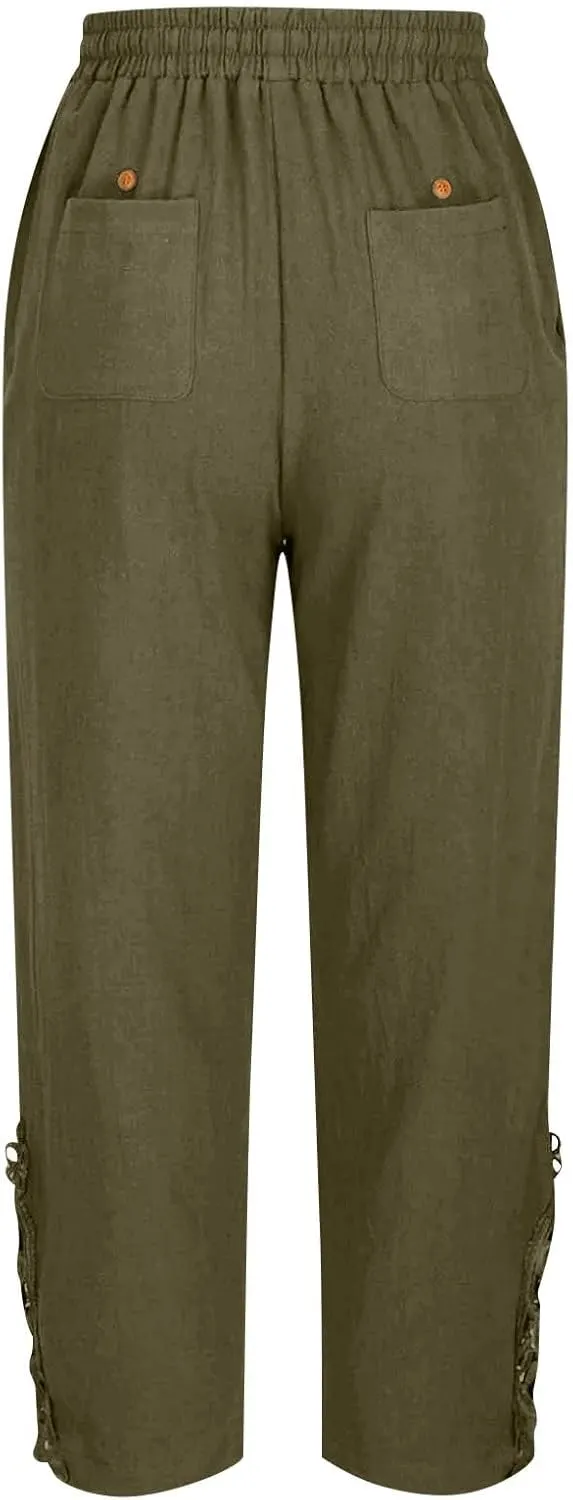 Cropped Linen Pants for Women 2025 Wide Leg Drawstring High Waisted Pants with Pockek Casual Summer Trousers for Seniors