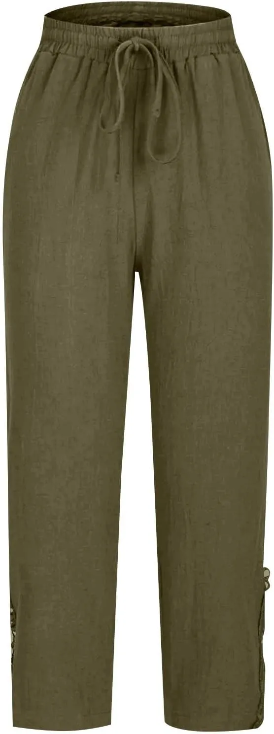 Cropped Linen Pants for Women 2025 Wide Leg Drawstring High Waisted Pants with Pockek Casual Summer Trousers for Seniors