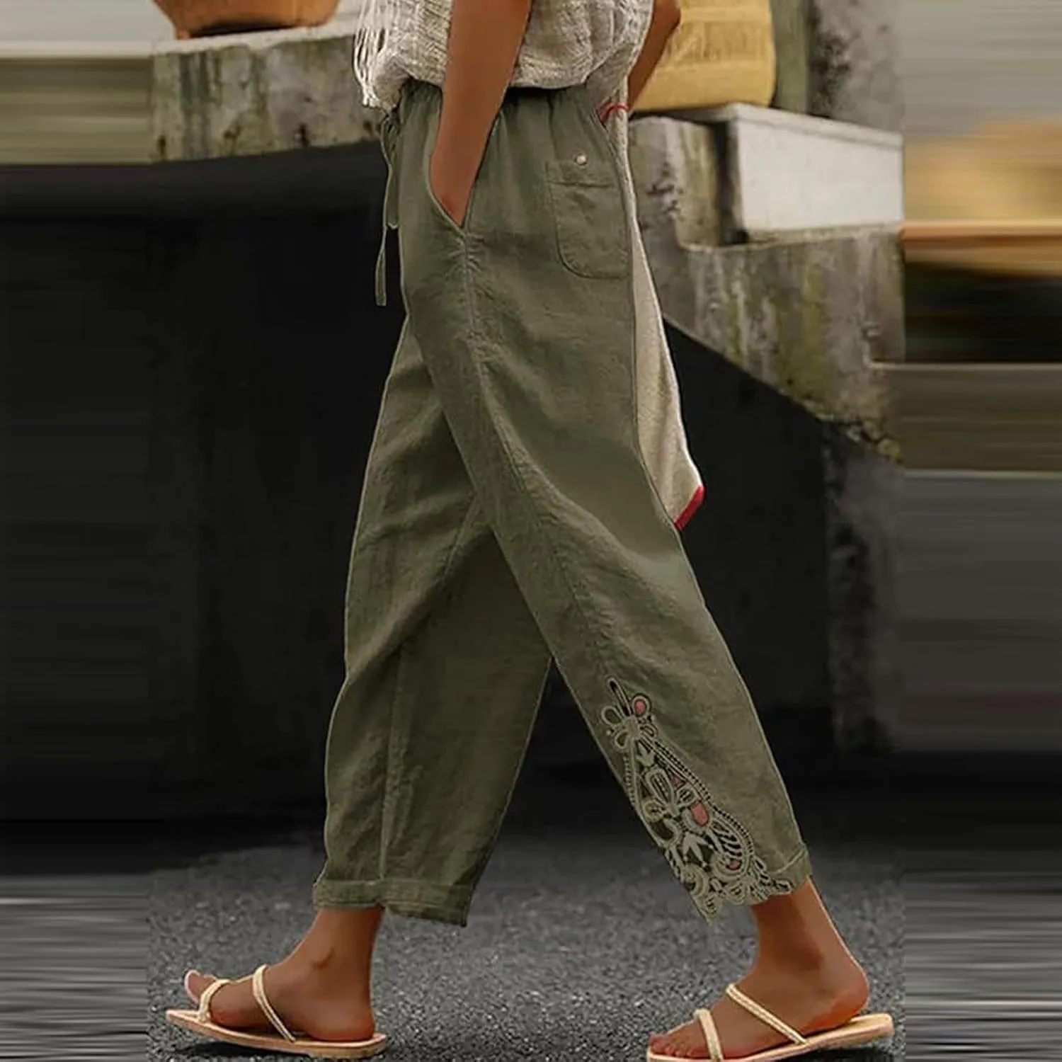 Cropped Linen Pants for Women 2025 Wide Leg Drawstring High Waisted Pants with Pockek Casual Summer Trousers for Seniors