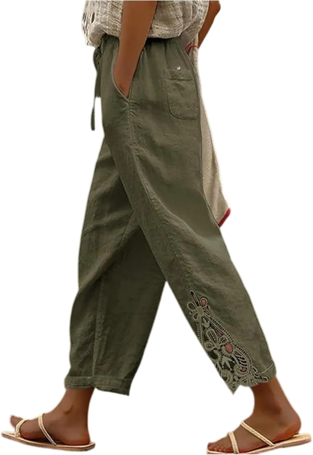 Cropped Linen Pants for Women 2025 Wide Leg Drawstring High Waisted Pants with Pockek Casual Summer Trousers for Seniors