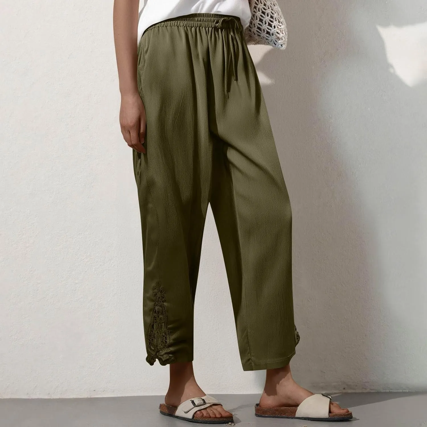 Cropped Linen Pants for Women 2025 Wide Leg Drawstring High Waisted Pants with Pockek Casual Summer Trousers for Seniors