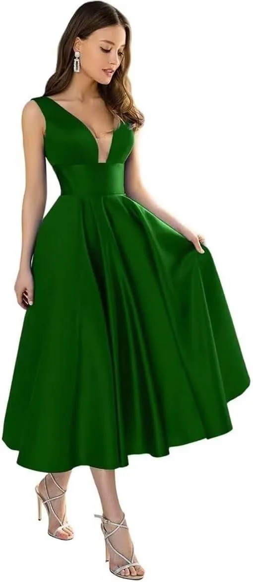 CSYPJYT Women's A-line Tea Length Bridesmaid Dresses V-Neck Satin A-line Short Formal Evening Gowns with Pockets