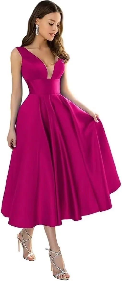 CSYPJYT Women's A-line Tea Length Bridesmaid Dresses V-Neck Satin A-line Short Formal Evening Gowns with Pockets