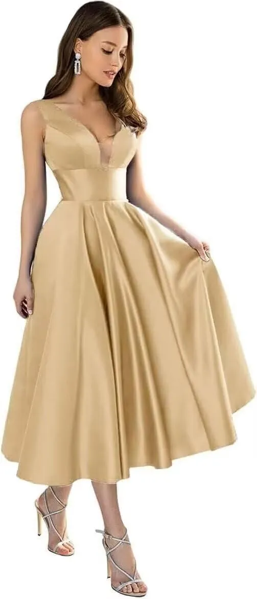 CSYPJYT Women's A-line Tea Length Bridesmaid Dresses V-Neck Satin A-line Short Formal Evening Gowns with Pockets