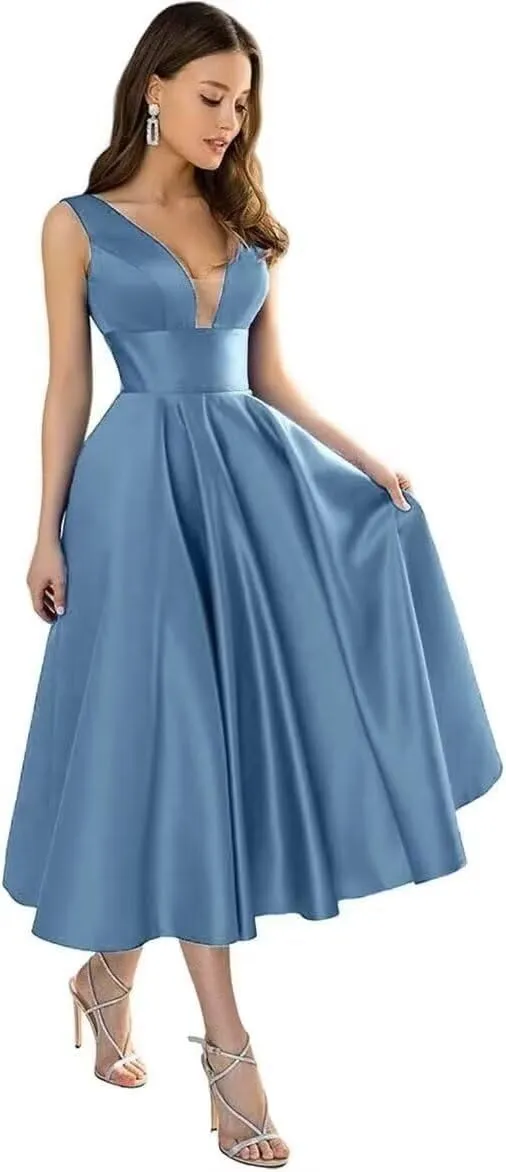 CSYPJYT Women's A-line Tea Length Bridesmaid Dresses V-Neck Satin A-line Short Formal Evening Gowns with Pockets