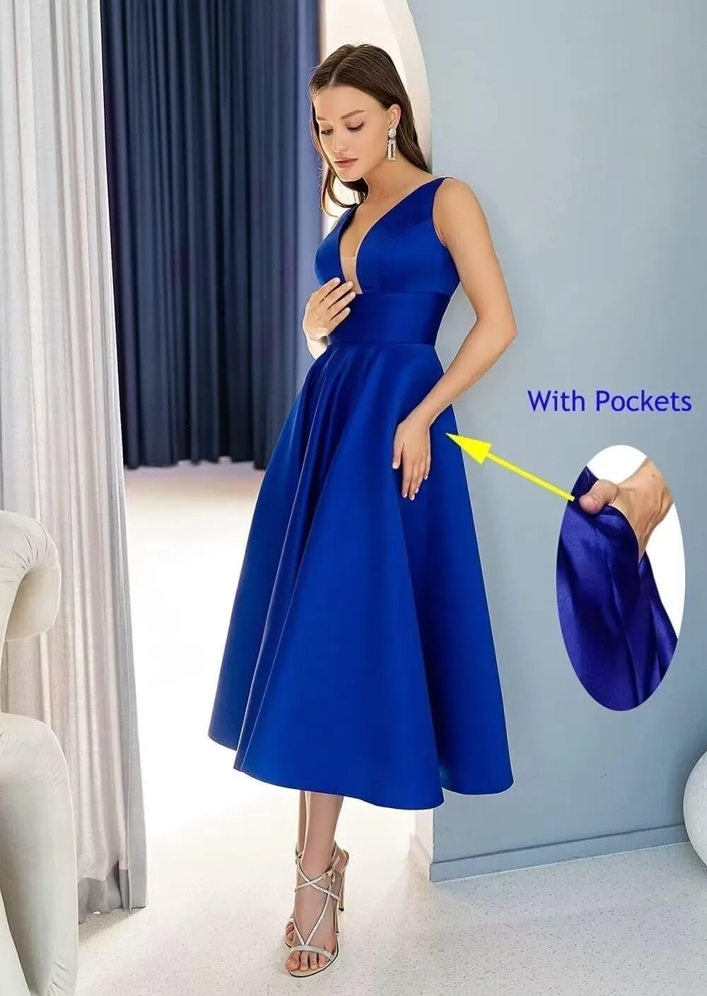 CSYPJYT Women's A-line Tea Length Bridesmaid Dresses V-Neck Satin A-line Short Formal Evening Gowns with Pockets