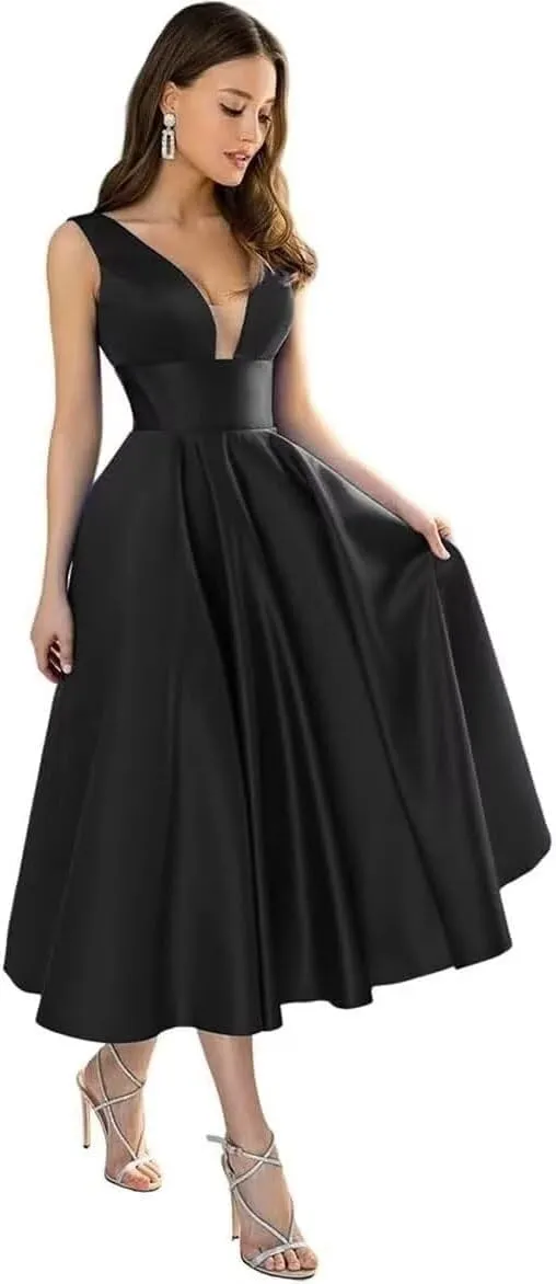 CSYPJYT Women's A-line Tea Length Bridesmaid Dresses V-Neck Satin A-line Short Formal Evening Gowns with Pockets