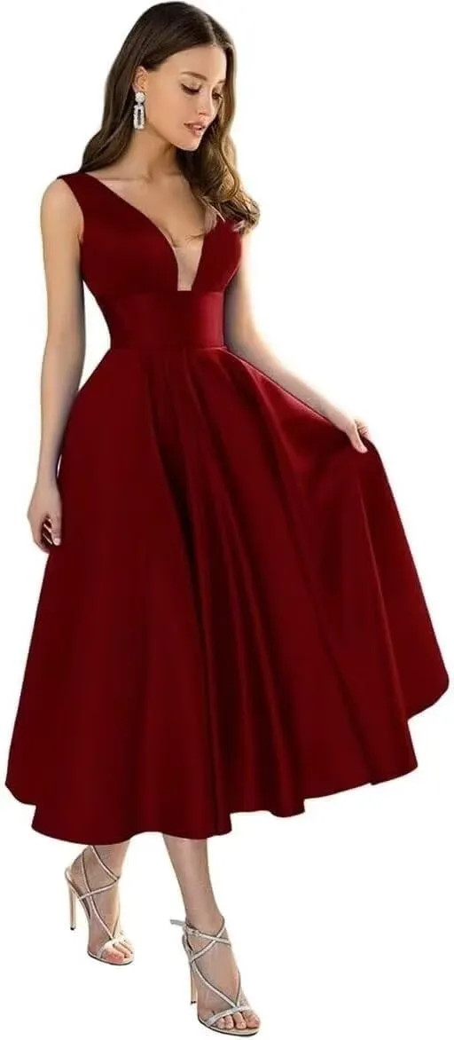 CSYPJYT Women's A-line Tea Length Bridesmaid Dresses V-Neck Satin A-line Short Formal Evening Gowns with Pockets