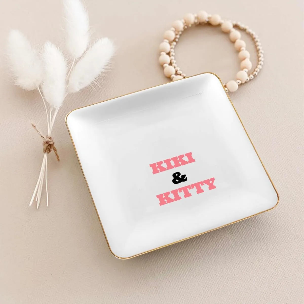 Custom Ceramic Jewelry Tray with Text Name, Customized Trinket Dish for Earrings Rings Necklaces Bracelets Watches Keys, Personalized Women Gifts, 4.44", White Surface with Golden Edge