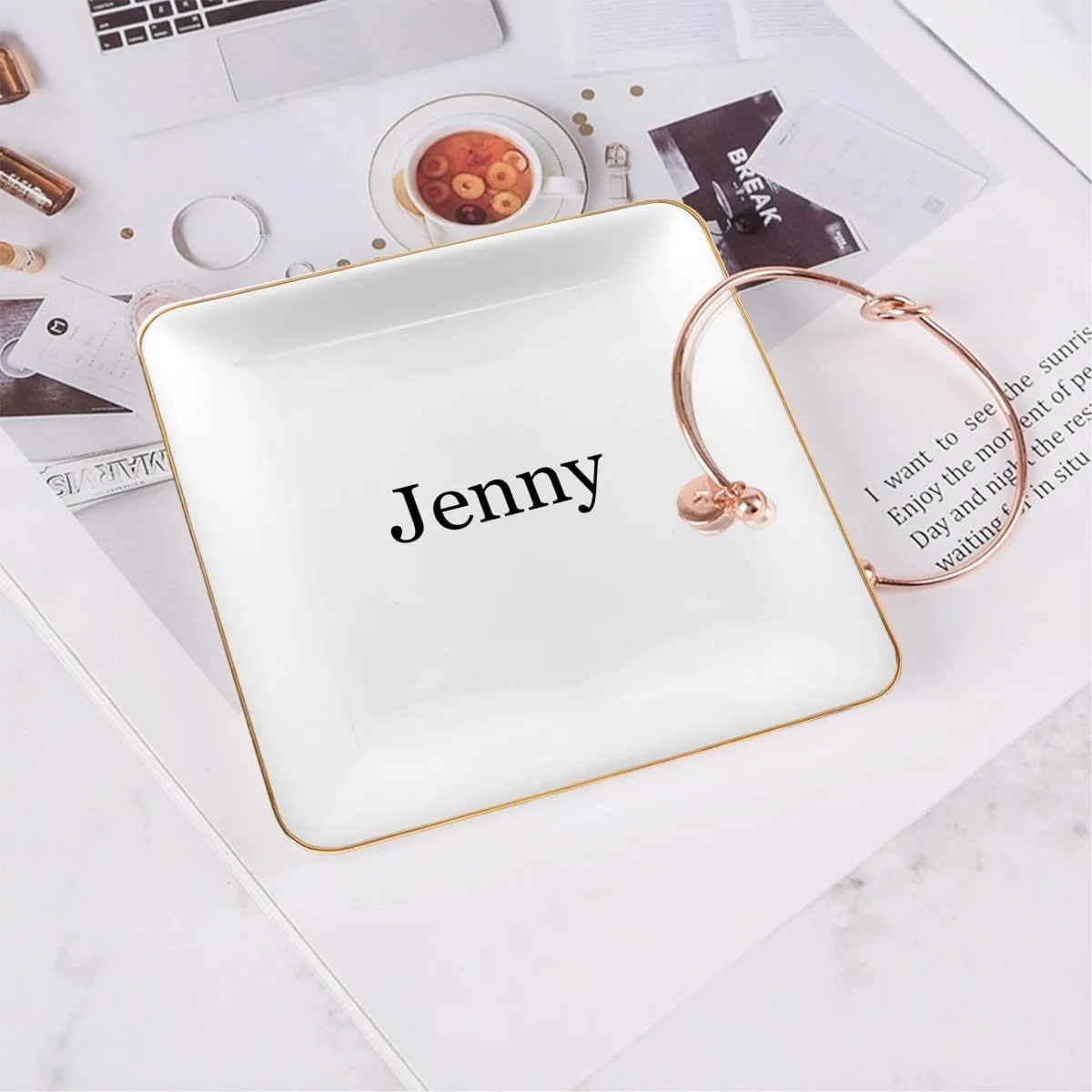 Custom Ceramic Jewelry Tray with Text Name, Customized Trinket Dish for Earrings Rings Necklaces Bracelets Watches Keys, Personalized Women Gifts, 4.44", White Surface with Golden Edge
