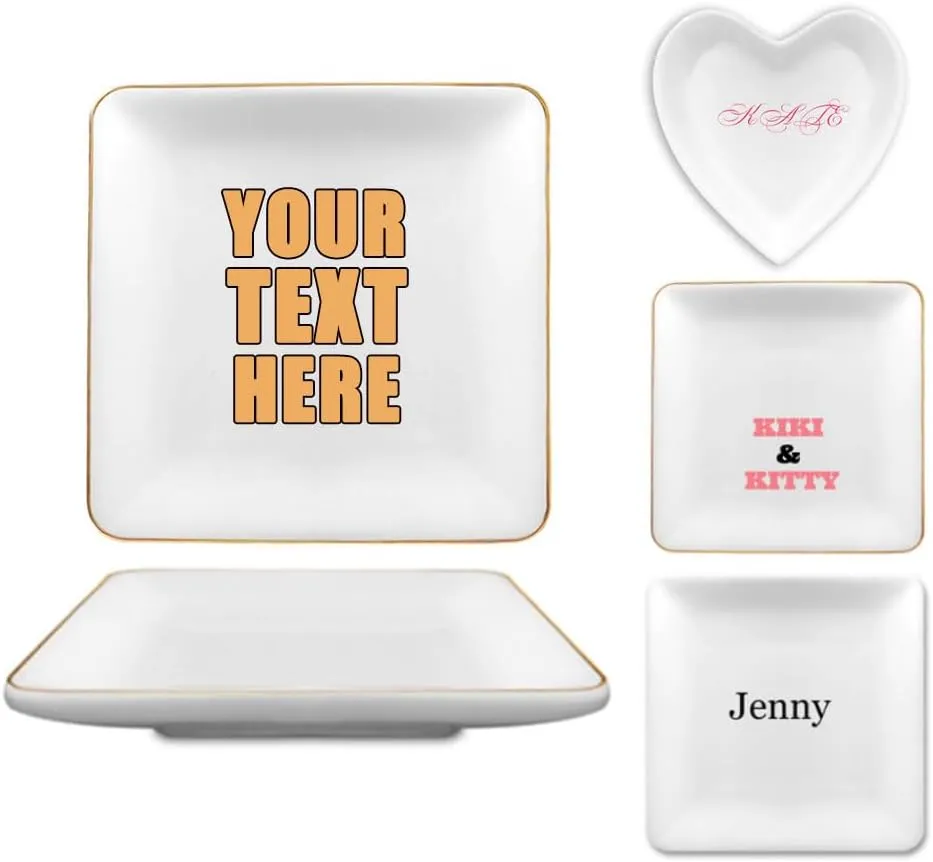 Custom Ceramic Jewelry Tray with Text Name, Customized Trinket Dish for Earrings Rings Necklaces Bracelets Watches Keys, Personalized Women Gifts, 4.44", White Surface with Golden Edge