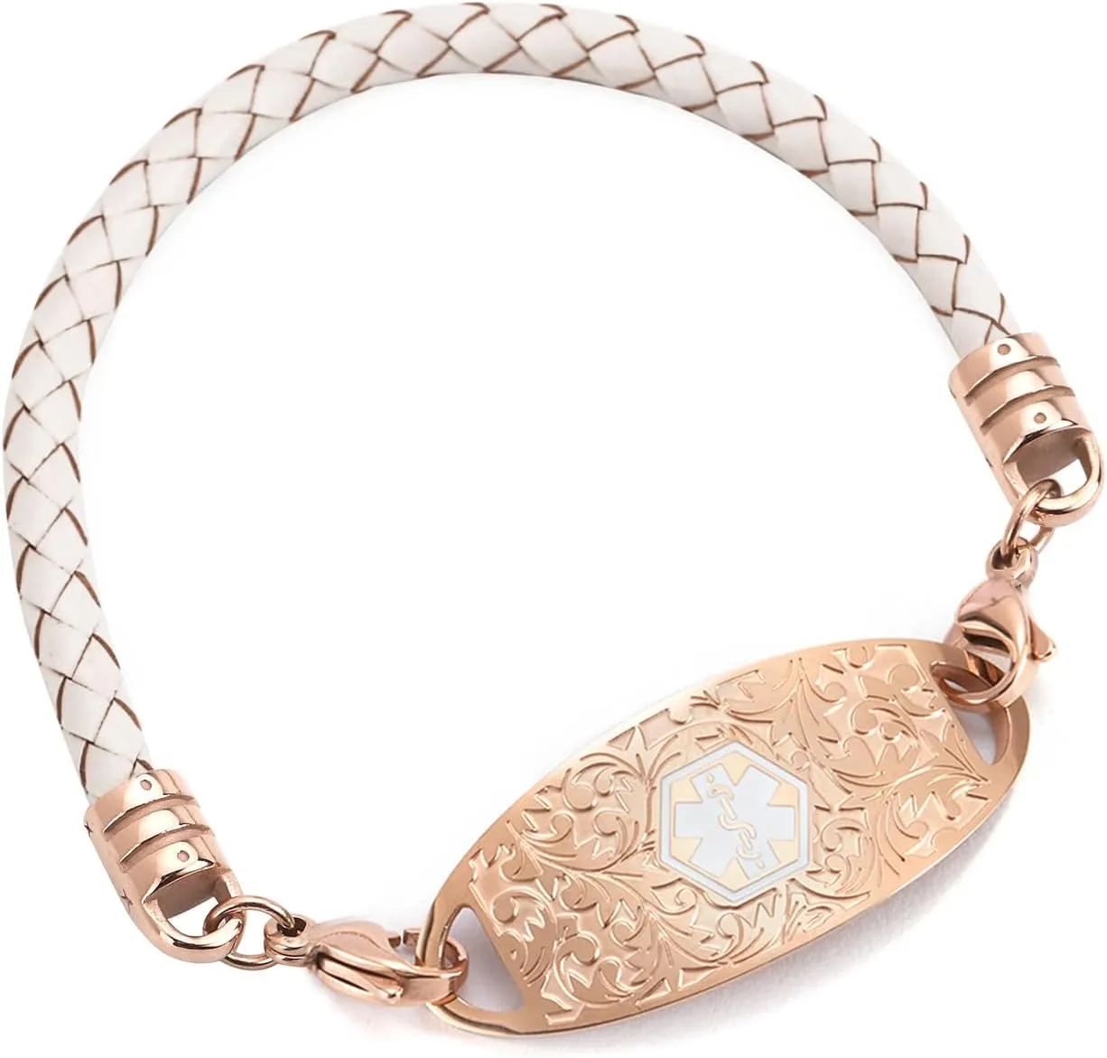 Custom Engraved Rose Gold Medical Alert Bracelet Personalized Braided Leather Rope Medic Emergency ID Bracelets for Women Free Engraving (6-8")