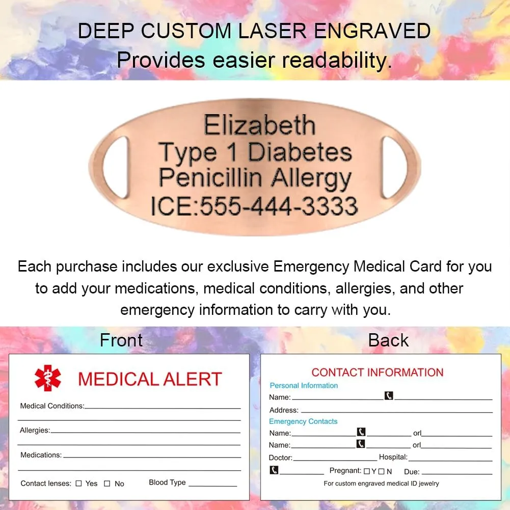 Custom Engraved Rose Gold Medical Alert Bracelet Personalized Braided Leather Rope Medic Emergency ID Bracelets for Women Free Engraving (6-8")