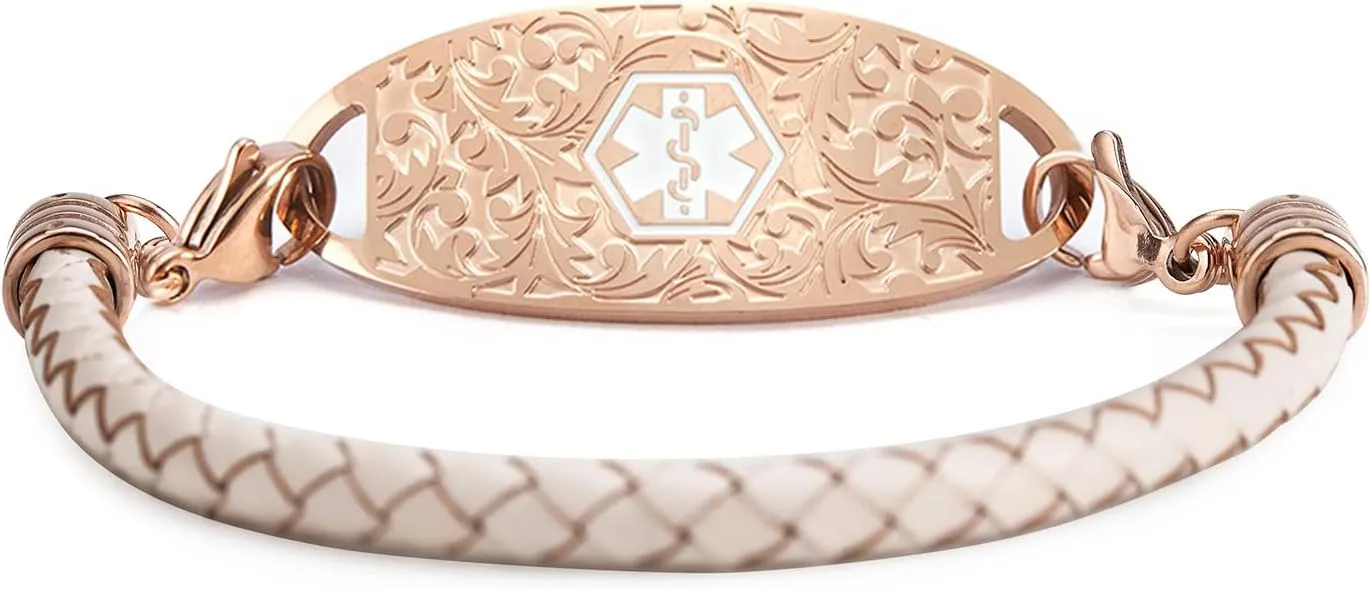 Custom Engraved Rose Gold Medical Alert Bracelet Personalized Braided Leather Rope Medic Emergency ID Bracelets for Women Free Engraving (6-8")
