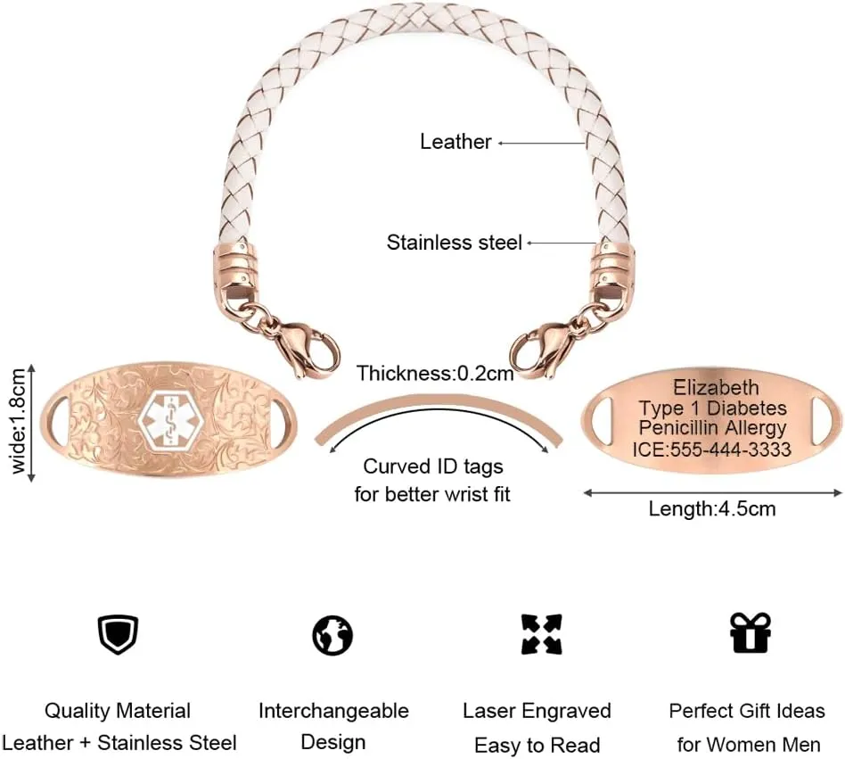 Custom Engraved Rose Gold Medical Alert Bracelet Personalized Braided Leather Rope Medic Emergency ID Bracelets for Women Free Engraving (6-8")