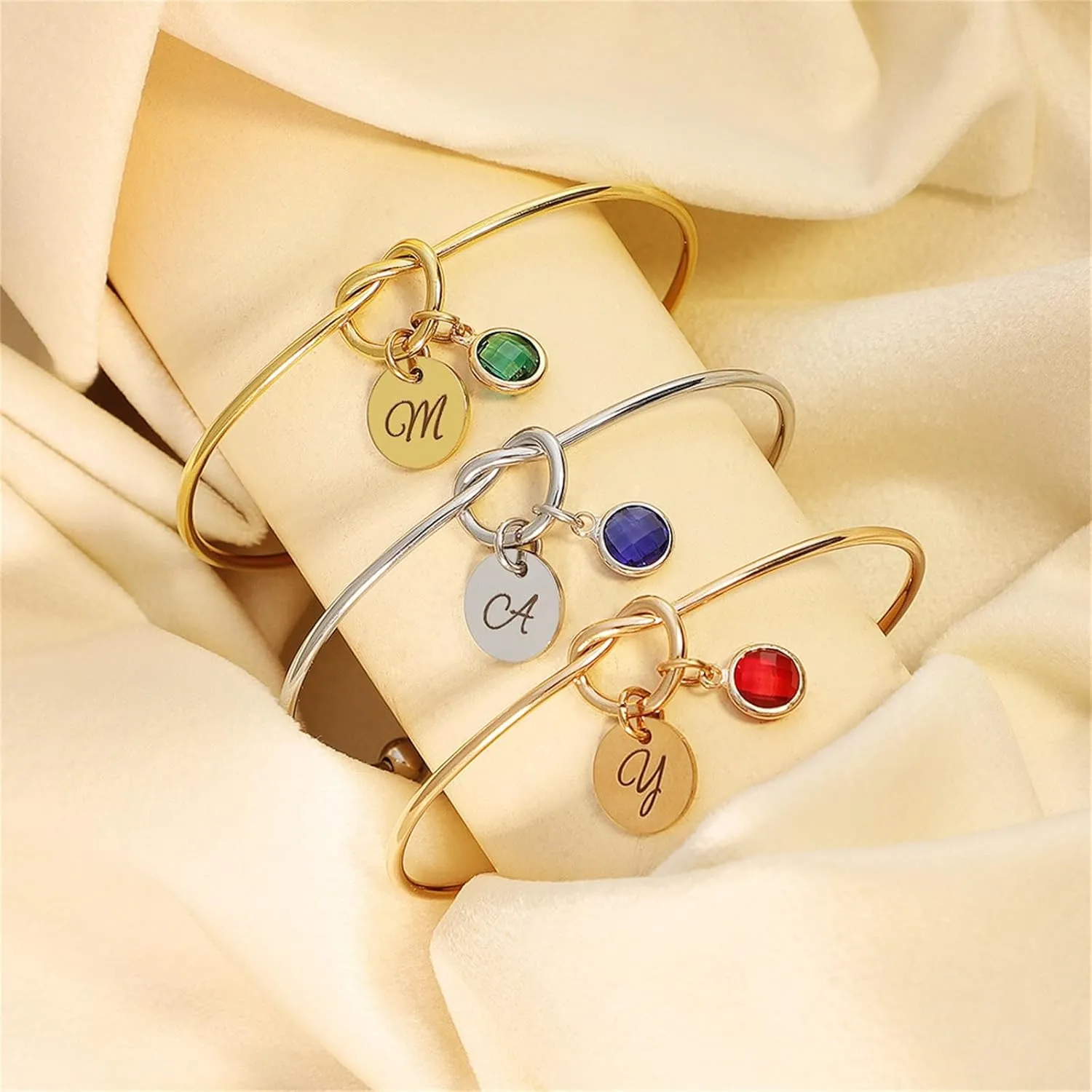 Custom Initial and Birthstone Tie The Knot Bracelet, Personalized Cuff Bangle Bracelets Jewelry Gifts for Women Bridesmaid