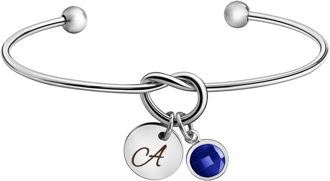 Custom Initial and Birthstone Tie The Knot Bracelet, Personalized Cuff Bangle Bracelets Jewelry Gifts for Women Bridesmaid