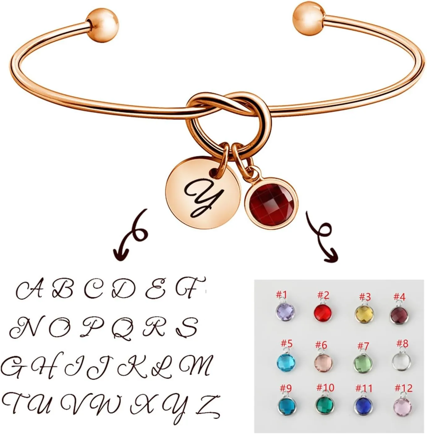 Custom Initial and Birthstone Tie The Knot Bracelet, Personalized Cuff Bangle Bracelets Jewelry Gifts for Women Bridesmaid