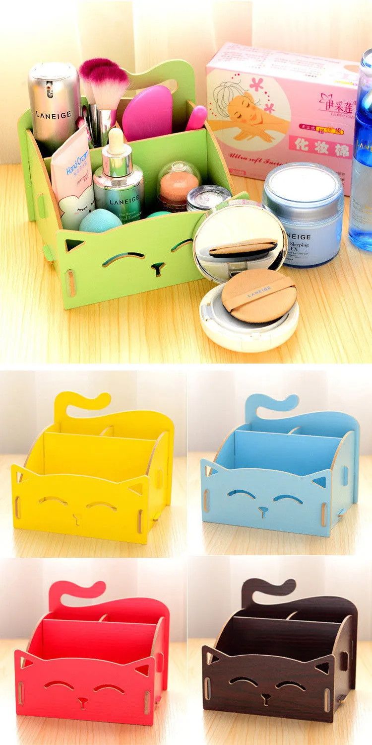 Cute Cat Desktop Wooden Sundries Stationery Makeup Storage box