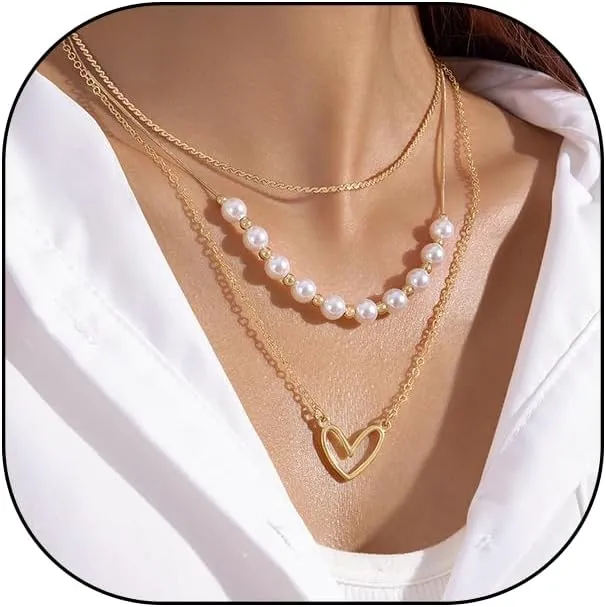 Dainty Gold Layered Choker Necklace for Women, Pearl Heart Pendant Necklace Rhinestone Choker Adjustable Layering Choker Necklaces Women Gifts