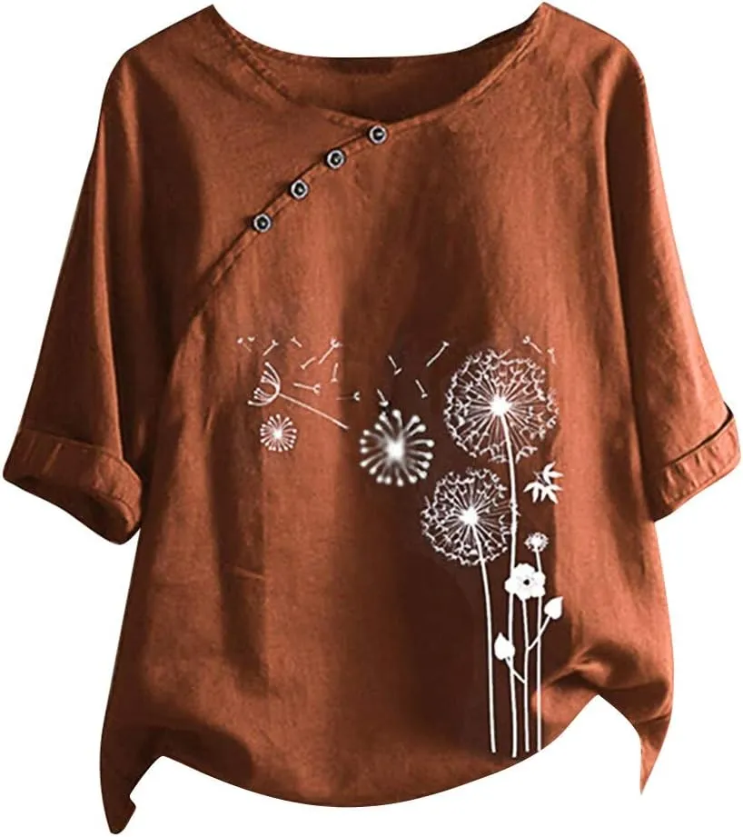 DASAYO Women's Cotton Linen Dandelion Print Shirt Top Loose Casual Crewneck Blouse Tee Cute Summer Trendy Shirts Tops