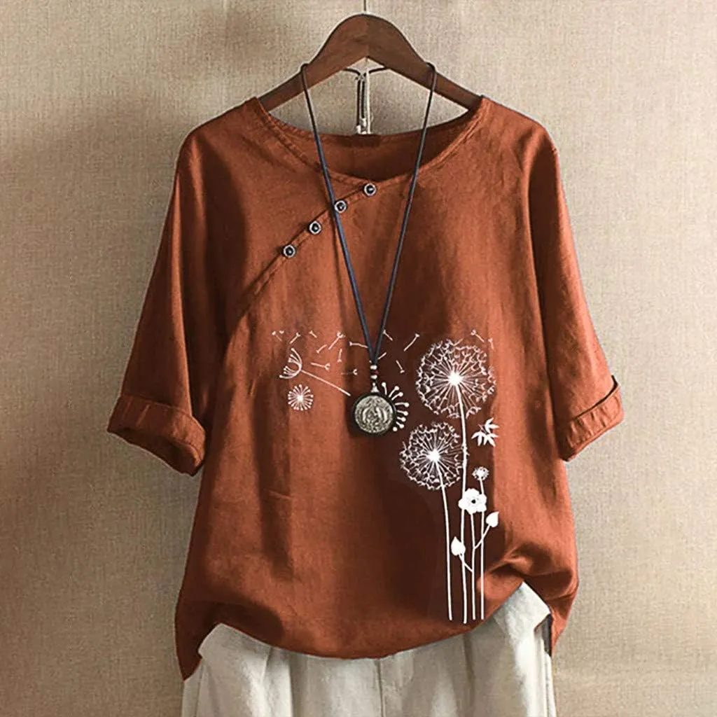 DASAYO Women's Cotton Linen Dandelion Print Shirt Top Loose Casual Crewneck Blouse Tee Cute Summer Trendy Shirts Tops