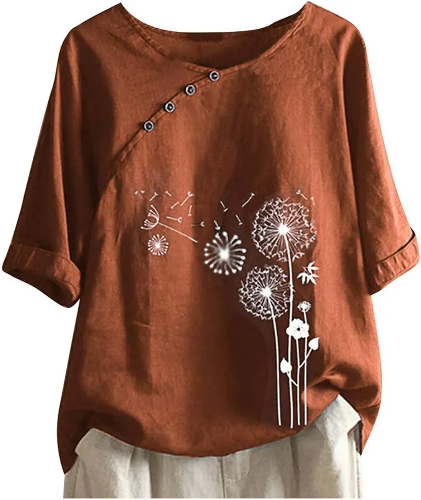 DASAYO Women's Cotton Linen Dandelion Print Shirt Top Loose Casual Crewneck Blouse Tee Cute Summer Trendy Shirts Tops