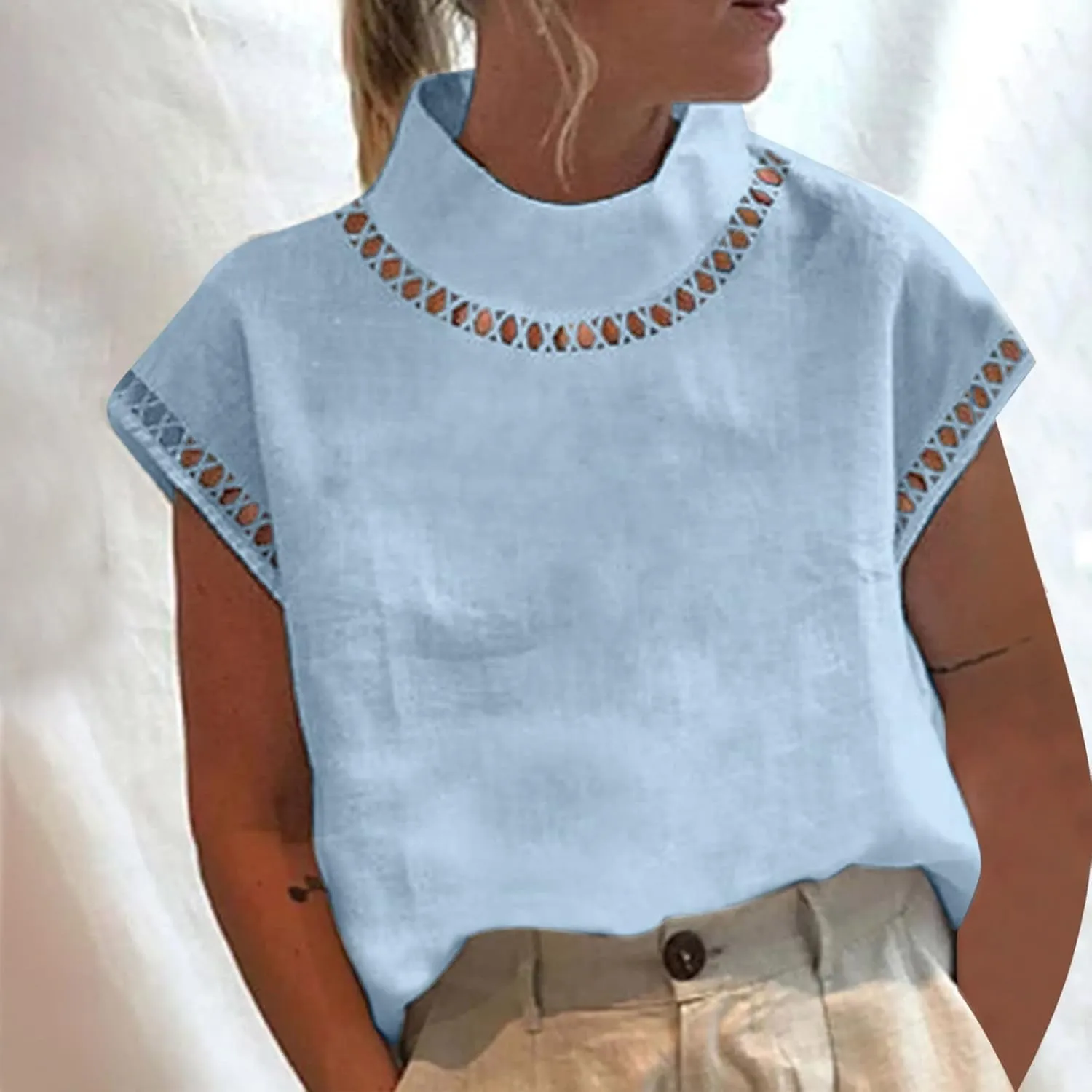 DASAYO Women's High Neck Cotton Linen Tops Shirt Cap Sleeve Solid Color Loose Shirts Blouses Dressy Casual Fashion t-Shirt