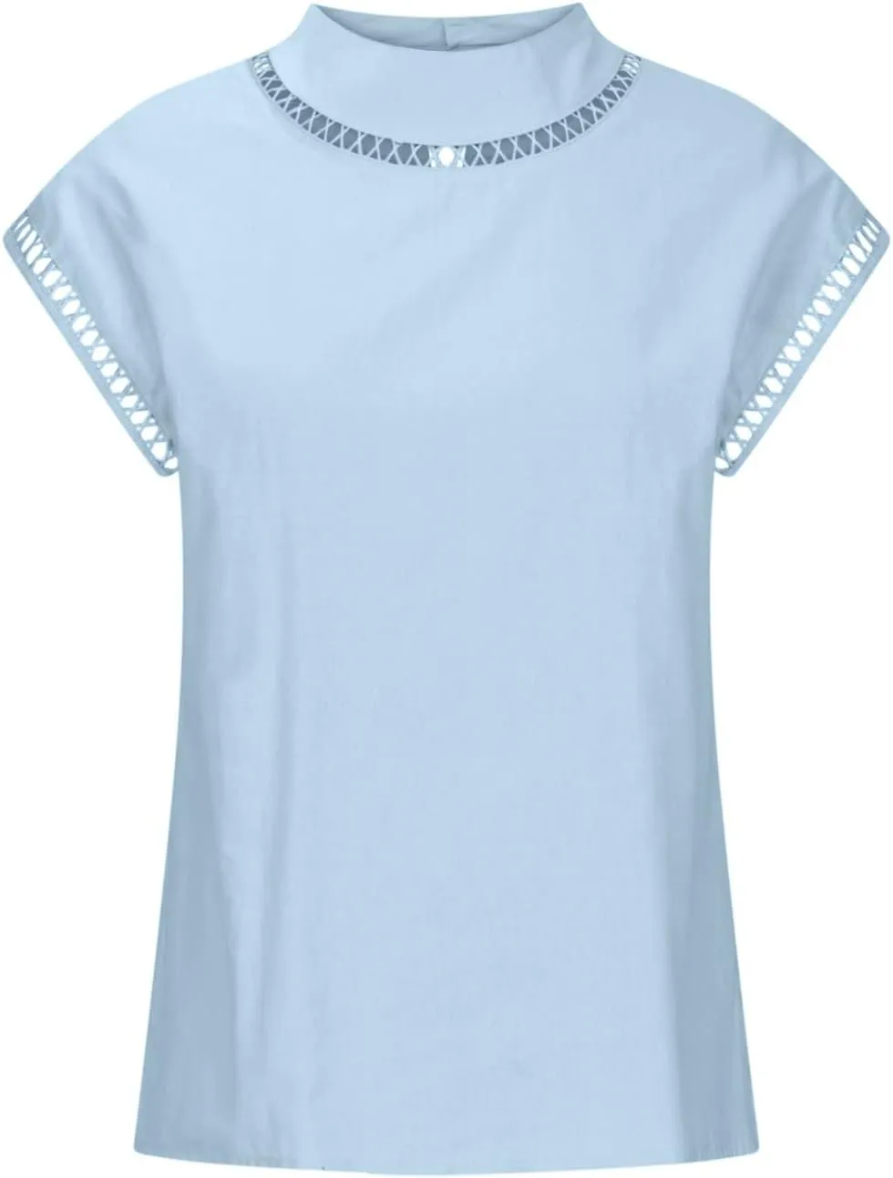 DASAYO Women's High Neck Cotton Linen Tops Shirt Cap Sleeve Solid Color Loose Shirts Blouses Dressy Casual Fashion t-Shirt