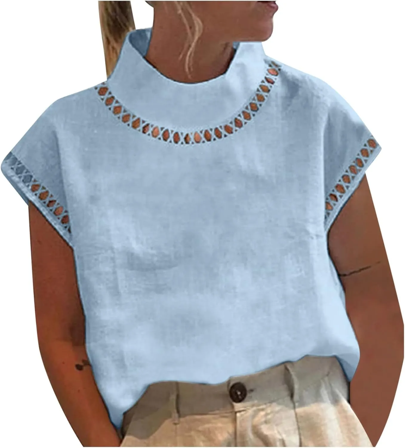 DASAYO Women's High Neck Cotton Linen Tops Shirt Cap Sleeve Solid Color Loose Shirts Blouses Dressy Casual Fashion t-Shirt
