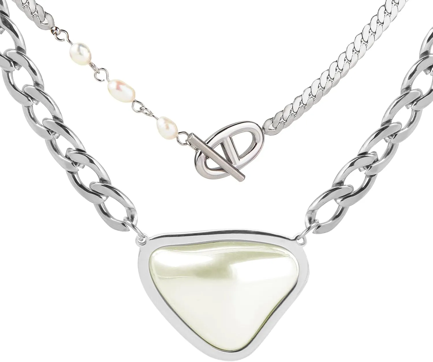 DASIQI Pearl Silver Titanium Steel Women Layered Choker and Cuban Chain
