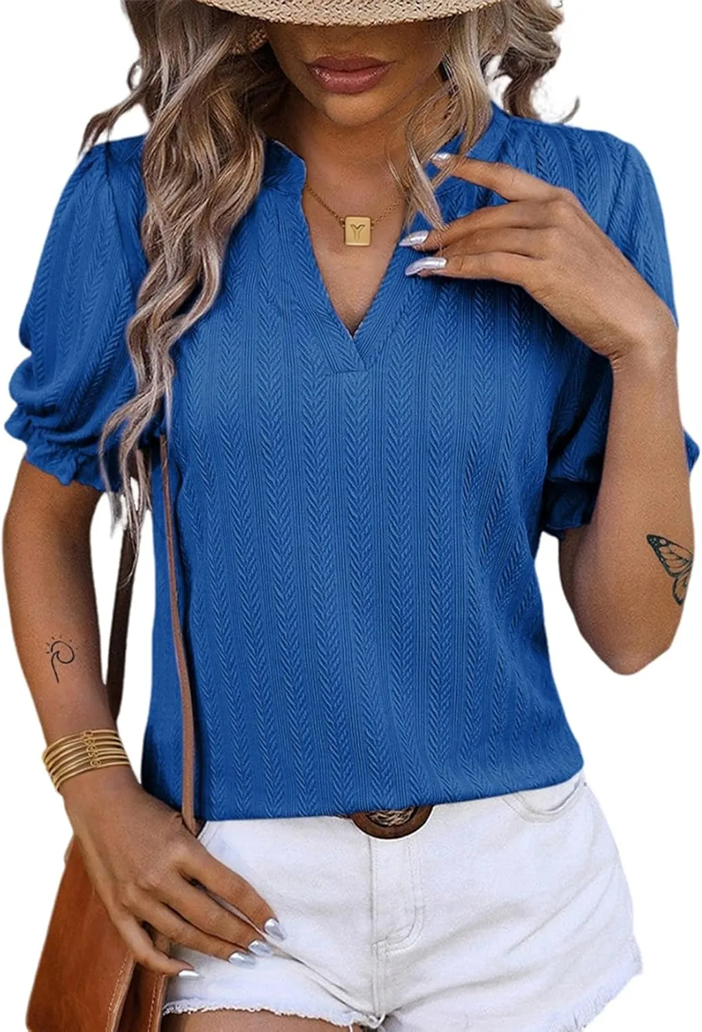 Dokotoo Womens Summer Short Puff Sleeves Blouses Shirts V Neck Cute Solid Knit Textured Casual Regular Fit Tops