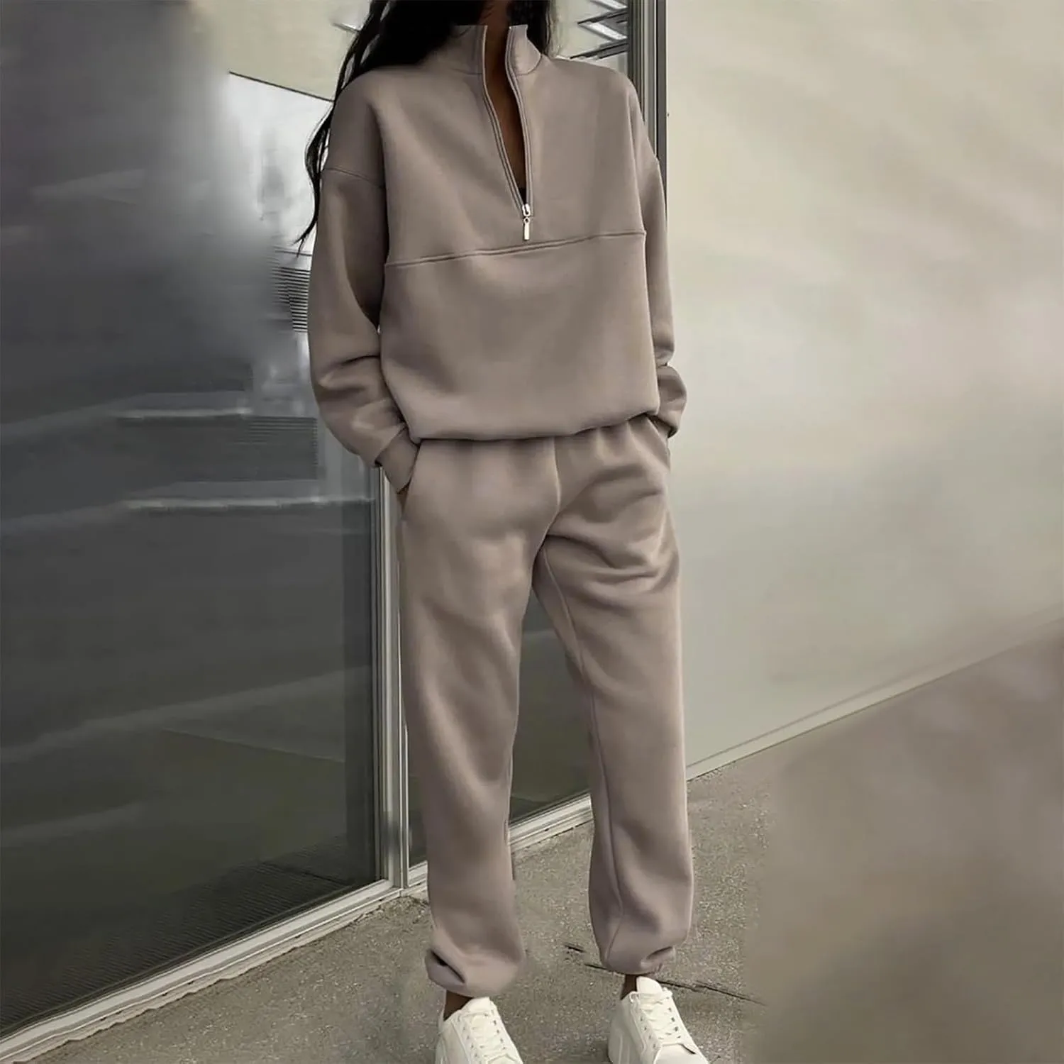 DOLKFU Women 2 Piece Outfits 1/2 Zipper Collared Hoodies High Waist Pants with Pockets Lounge Sets Loose Sweatsuit
