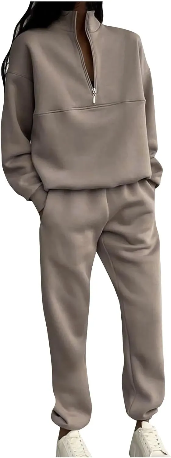 DOLKFU Women 2 Piece Outfits 1/2 Zipper Collared Hoodies High Waist Pants with Pockets Lounge Sets Loose Sweatsuit