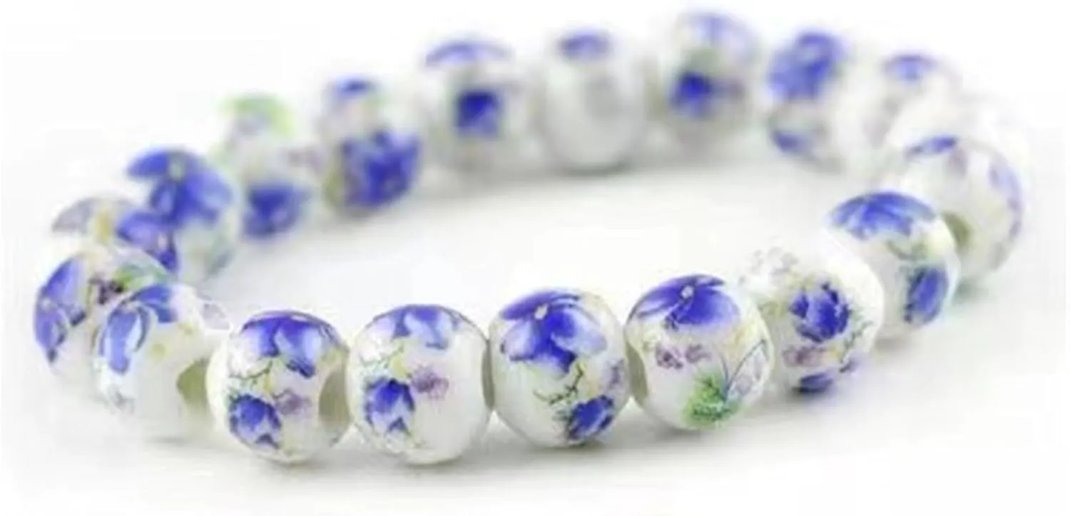 Dreuyet Women Porcelain Beads Bracelet Elegant Ethnic Style Blue and White Ceramic Beaded Bracelets Handmade Vintage Sunflower Geometric Round Bracelet Gift