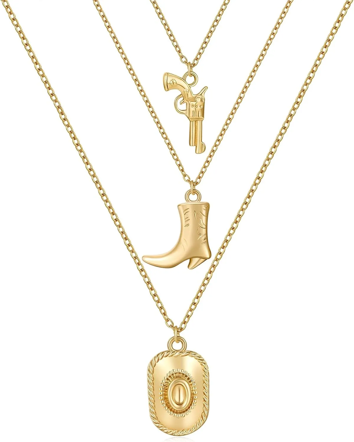 Dr's gift Cow Hat Boots Necklace Gold Pendant Chain Layered Necklaces for Women Cowgirl Jewelry Gift Set