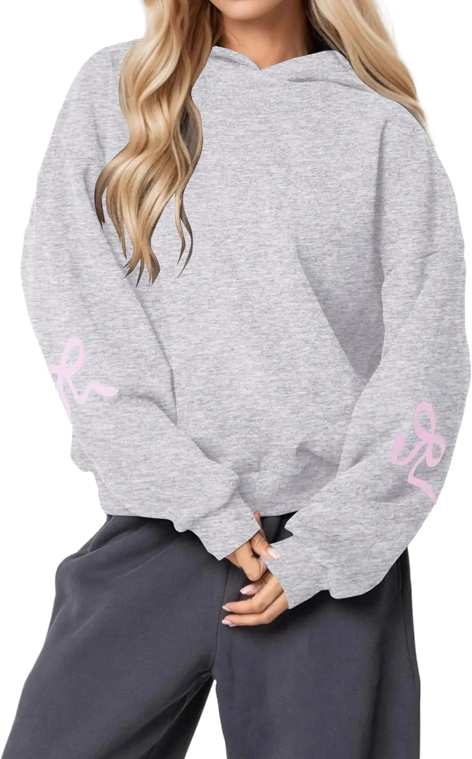 DSORVICD Women Bow Graphic Sweatshirt Y2k Long Sleeve Oversized Hoodies Cute Loose Fit Pullovers Teen Girls Preppy Streetwear