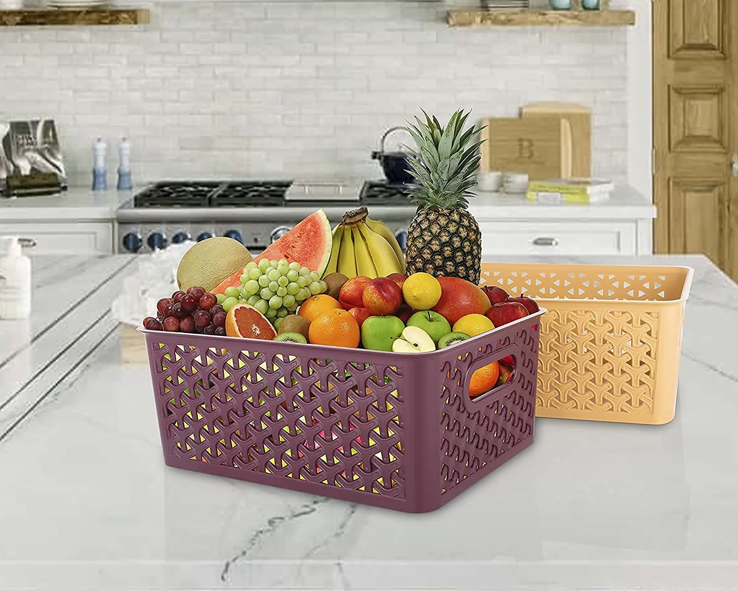 E-COSMOS Kitchen Color Basket Set 3 Pc Storage Basket for Fruits, Vegetables,Magazines, Cosmetics,Kitchen Tool -with Lid - Color May Vary
