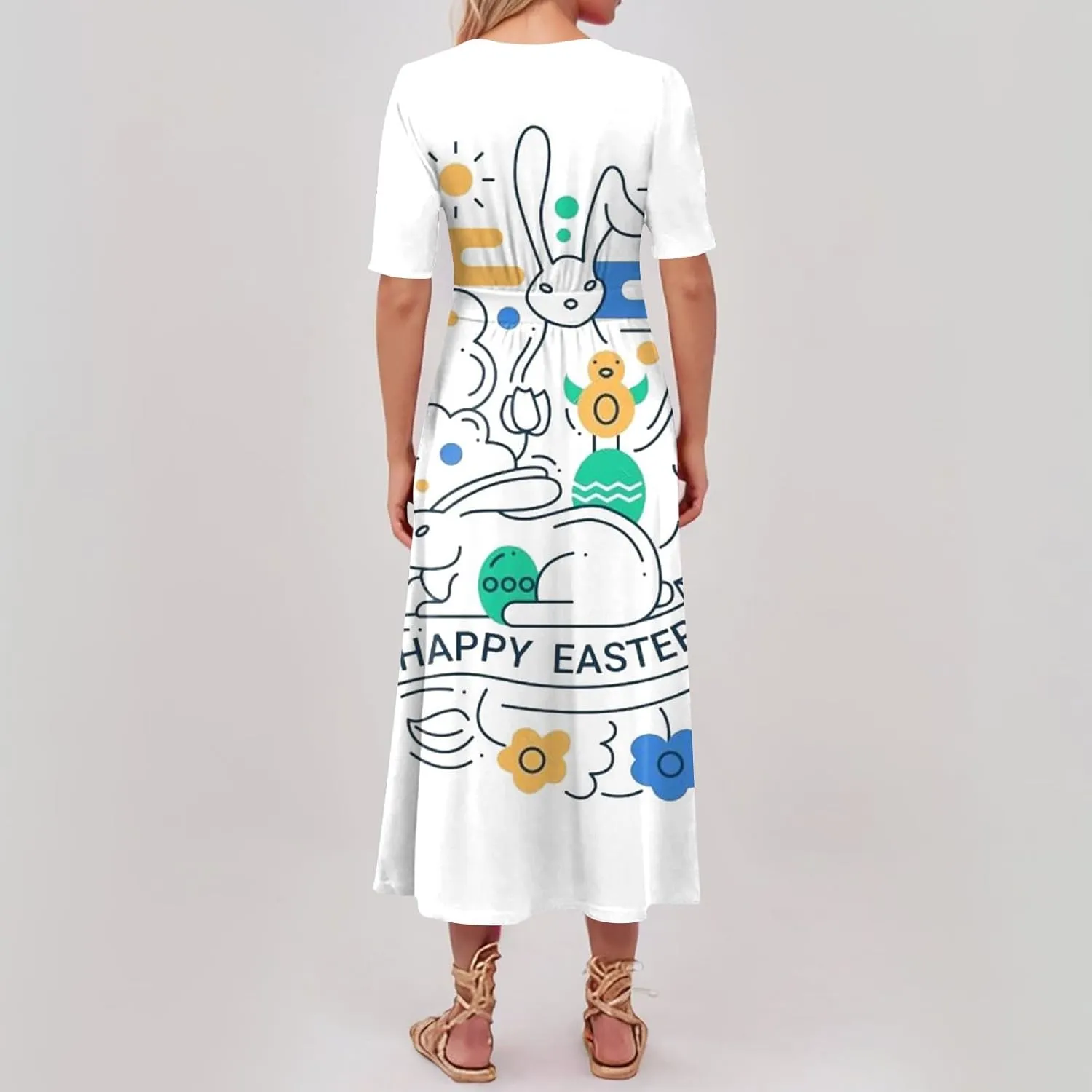 Easter Dress for Women Long Hem Short Sleeve Maxi Easter Bunny Outdoor Activities Cocktail Dresses Sweet Fairy Tale Clothes