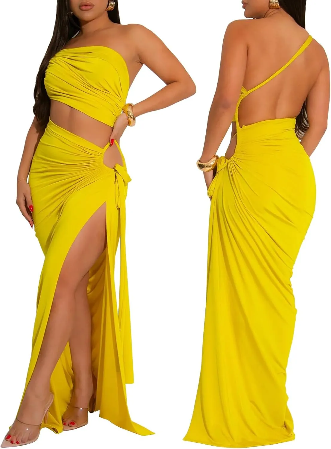Ecirod Womens Sexy Club Night Sleeveless Backless Ruched Dress High Side Slit Bodycon Maxi Skirt