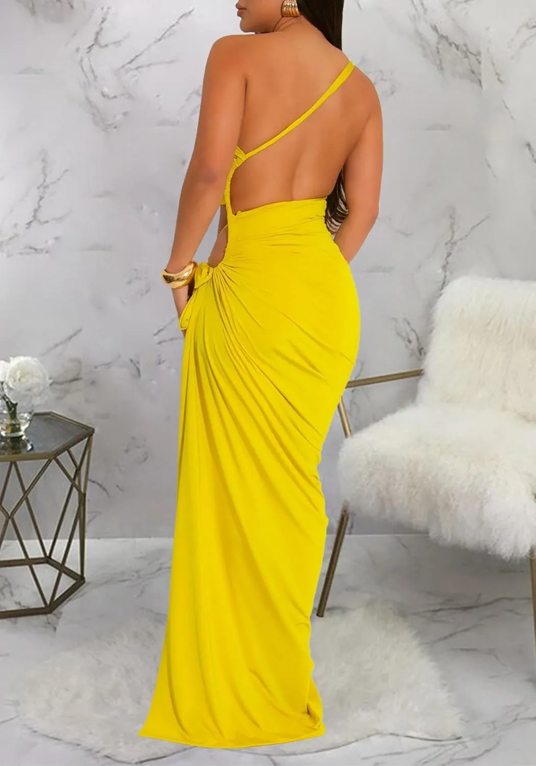Ecirod Womens Sexy Club Night Sleeveless Backless Ruched Dress High Side Slit Bodycon Maxi Skirt